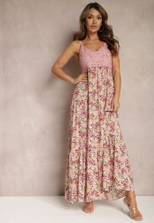 Różowa Rozkloszowana Sukienka Maxi z Wiskozy w Kwiatowy Print na Ramiączkach Roisintia. Czerwone sukienki damskie Renee, bez wzorów, z wiskozy, bez ramiączek. W wyprzedaży za 55.99 zł.