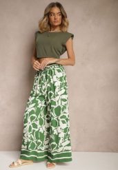 Zielone Spodnie o Szerokim Kroju High Waist w Kwiaty Nelrive. Zielone spodnie materiałowe damskie Renee, z aplikacjami, z jeansu. Za 44.99 zł.