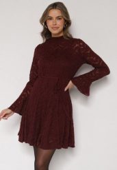 Bordowa Koronkowa Sukienka z Wiązaniem Półgolfem i Falbankami Alnefera. Czerwone sukienki damskie Born2be, bez wzorów, z koronki, klasyczne, bez ramiączek. Za 179.99 zł.