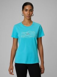 4F T-shirt regular z nadrukiem damski - turkusowy XS. Niebieskie t-shirty damskie 4F, xs, bez wzorów, z bawełny, bez kołnierzyka. Za 49.99 zł.