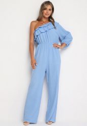 Jasnoniebieski Asymetryczny Kombinezon z Bawełny Ozdobiony Falbaną przy Dekolcie i Gumką w Talii Jegelia. Niebieskie sukienki damskie Born2be, bez wzorów, z bawełny, eleganckie, bez ramiączek. Za 149.99 zł.