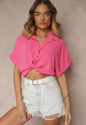 Fuksjowa Koszula o Kroju Oversize Natressa. Czerwone koszule damskie Renee, z aplikacjami, z jeansu, biznesowe, bez kołnierzyka, bez ramiączek. Za 54.99 zł.