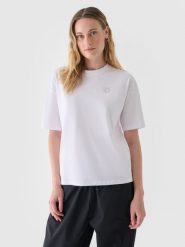 4F T-shirt oversize z nadrukiem damski - biały XL. Białe t-shirty damskie 4F, xl, bez wzorów, z bawełny, bez kołnierzyka. W wyprzedaży za 29.99 zł.