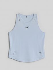 4F Top treningowy regular szybkoschnący damski - niebieski S. Niebieskie koszulki sportowe damskie 4F, s, bez wzorów, bez ramiączek, na fitness i siłownię. Za 99.99 zł.