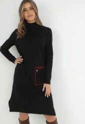 Czarna Sukienka Dzianinowa z Golfem i Dużą Kieszenią Taniya. Czarne sukienki damskie Born2be, bez wzorów, z dzianiny, biznesowe, bez ramiączek. W wyprzedaży za 127.49 zł.