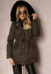 Ciemnozielona Kurtka Parka z Kapturem i Ozdobnym Futerkiem Dioneta. Zielone kurtki damskie Renee, na zimę, l, z materiału, z kapturem. Za 259.99 zł.