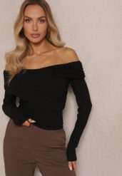 Czarna Bluzka z Wiskozą z Hiszpańskim Dekoltem Amodara. Czarne bluzki damskie Renee, m, bez wzorów, z jeansu, bez kołnierzyka, bez ramiączek. Za 59.99 zł.