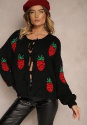 Czarny Wiązany Kardigan z Wełną i Wiskozą z Ozdobnym Wzorem z Truskawkami Cesirae. Czarne kardigany damskie Renee, bez wzorów, z jeansu. Za 119.99 zł.