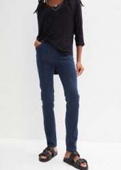 Dżinsy Skinny mid waist, z wygodnym paskiem. Niebieskie jeansy damskie bonprix, bez wzorów, z jeansu. Za 84.99 zł.