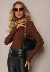 Ciemnobrązowy Sweter z Okrągłym Dekoltem i Tłoczeniami w Kształcie Liści Timaphone. Brązowe swetry klasyczne damskie Renee, bez kołnierzyka. Za 54.99 zł.