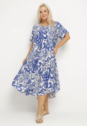 Niebieska Rozkloszowana Sukienka z Wiskozy z Geometrycznym Wzorem Emisova. Niebieskie sukienki damskie Born2be, bez wzorów, z wiskozy, eleganckie, bez ramiączek. Za 109.99 zł.