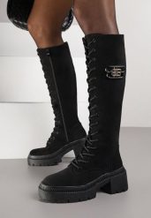 Czarne Kozaki Vices z Imitacji Zamszu w Stylu Grunge ze Sznurowaną Cholewką i Platformą Laurotte. Czarne kozaki damskie Renee, z jeansu, bez obcasa, na platformie, bez zapięcia. Za 189.99 zł.