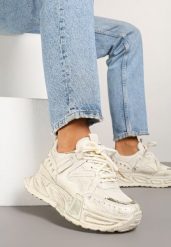 Beżowe Sneakersy na Tłoczonej Platformie z Metalicznymi Wstawkami Eradira. Brązowe obuwie sportowe damskie Renee, z jeansu, bez zapięcia. Za 109.99 zł.