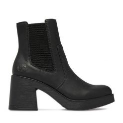 Botki Rieker. Czarne botki damskie Rieker, bez obcasa, na słupku, bez zapięcia. Za 379.99 zł.