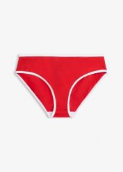Figi bikini z białym, kontrastowym wykończeniem. Czarne bikini bonprix, bez wzorów. Za 34.99 zł.