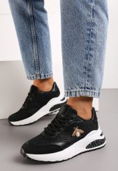 Czarne Sneakersy Brokatowe na Grubej Podeszwie Naono. Czarne obuwie sportowe damskie Born2be, przed kostkę, bez zapięcia. Za 39.99 zł.
