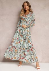 Miętowa Rozkoszowana Sukienka Maxi z Falbankami i Gumką w Talii Leezasa. Zielone sukienki damskie Renee, bez wzorów, eleganckie, bez ramiączek. W wyprzedaży za 111.99 zł.