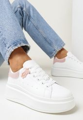 Biało-Różowe Wiązane Sneakersy na Grubej Platformie z Cholewką przed Kostkę Auture. Białe obuwie sportowe damskie Born2be, przed kostkę, bez zapięcia. Za 84.99 zł.