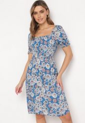 Niebieska Wiskozowa Sukienka Midi z Gumkami Przy Dekolcie i Wzorem w Kwiaty Alonvaria. Niebieskie sukienki damskie Born2be, bez wzorów, z wiskozy, bez ramiączek. Za 79.99 zł.