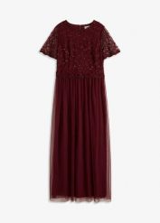 Sukienka maxi z delikatnego tiulu z aplikacją z cekinami. Czerwone sukienki damskie bonprix, z aplikacjami, z tiulu, eleganckie, bez ramiączek. Za 329.99 zł.