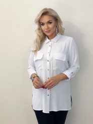 Klasycza biała koszula Cler z długim rękawem do pracy PLUS SIZE XXL. Białe koszule damskie Nasi partnerzy, plus size, bez wzorów, z poliesteru, biznesowe, bez kołnierzyka, plus size, bez ramiączek. Za 199.90 zł.