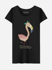 WOOOP Koszulka "Flamingo Skater" w kolorze czarnym rozmiar: XXL. Czarne bluzki damskie Wooop, xxl, bez wzorów, z bawełny, bez kołnierzyka, bez ramiączek. Za 56.99 zł.