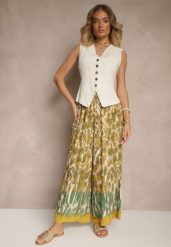 Beżowo-Żółte Szerokie Spodnie z Wiskozy High Waist Ellirelle. Brązowe spodnie materiałowe damskie Renee, bez wzorów, z jeansu. Za 39.99 zł.