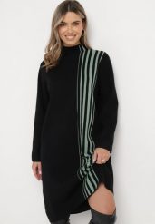 Czarna Sukienka Midi z Półgolfem o Prostym Fasonie z Paskami Pregora. Czarne sukienki damskie Born2be, bez wzorów, bez ramiączek. W wyprzedaży za 118.99 zł.