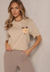 Jasnobeżowa Bawełniana Koszulka z Palmami Sunisora. Brązowe bluzki damskie Renee, l, z aplikacjami, z bawełny, bez kołnierzyka, bez ramiączek. Za 29.99 zł.