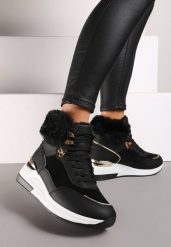 Czarne Futerkowe Sneakersy na Koturnie z Metalicznymi Wstawkami Kaithrin. Czarne obuwie sportowe damskie Renee, z dzianiny, bez zapięcia. Za 119.99 zł.