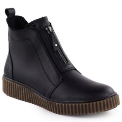 Skórzane botki damskie na platformie czarne Rieker Y4354-00. Czarne botki damskie Rieker, ze skóry, bez obcasa, na platformie, bez zapięcia. Za 419.00 zł.