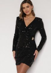 Czarna Dopasowana Sukienka o Eleganckim Kroju z Dekoltem w Serek i Cekinami Iwedama. Czarne sukienki damskie Born2be, bez wzorów, z poliesteru, eleganckie, bez ramiączek. Za 219.99 zł.