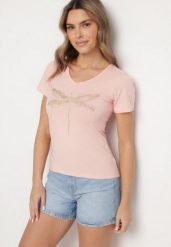 Różowy Bawełniany T-shirt z Motywem Ważki i Cyrkoniami Ulimira. Czerwone t-shirty damskie Born2be, s, bez wzorów, z bawełny, bez kołnierzyka. Za 34.99 zł.