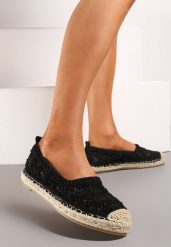 Czarne Espadryle na Plecionej Podeszwie z Ażurową Cholewką z Kwiatami Wavelet. Czarne espadryle damskie Renee, w ażurowe wzory, bez obcasa, na płaskiej podeszwie. Za 79.99 zł.