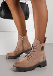 Beżowe Botki Potocki Workery z Geometryczną Ozdobą Firiselle. Brązowe botki damskie Renee, bez obcasa, na płaskiej podeszwie, bez zapięcia. Za 209.99 zł.