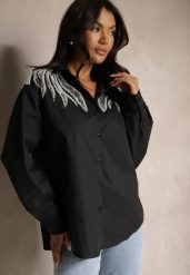 Czarna Bawełniana Koszula z Cekinami Donithiel. Czarne koszule damskie Renee, l, bez wzorów, z bawełny, eleganckie, bez kołnierzyka, bez ramiączek. Za 79.99 zł.