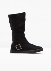 Kozaki zimowe. Czarne kozaki damskie bonprix, na zimę, ze skóry, bez obcasa, bez zapięcia. Za 147.99 zł.