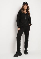 Czarny Komplet Dresowy Bluza z Kapturem i Spodnie z Troczkiem Sorttia. Czarne bluzy damskie Born2be, l, bez wzorów, z dresówki, z kapturem. Za 69.99 zł.