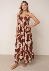 Brązowa Rozkloszowana Sukienka z Wiskozy na Ramiączkach w Roślinny Wzór Yorenne. Brązowe sukienki damskie Born2be, bez wzorów, z materiału, eleganckie, bez ramiączek. Za 119.99 zł.