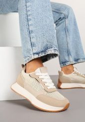 Ciemnobeżowe Sneakersy z Geometrycznym Wzorem Borgis. Brązowe obuwie sportowe damskie Born2be, z materiału, bez zapięcia. Za 99.99 zł.