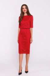 Elegancka ołówkowa dwuczęściowa sukienka koronkowa czerwona. Czerwone sukienki damskie Stylove, bez wzorów, z koronki, eleganckie, bez ramiączek. Za 509.00 zł.