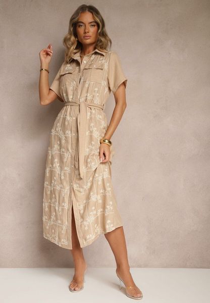 Beżowa Koszulowa Sukienka z Wiązanym Paskiem Zdobiona Haftem Malinnessa. Brązowe sukienki damskie Renee, z aplikacjami, eleganckie, bez ramiączek. Za 139.99 zł.