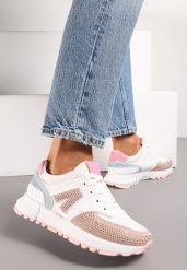 Biało-Beżowe Sneakersy Ozdobione Cyrkoniami na Podeszwie z Wycięciami Larzive. Białe obuwie sportowe damskie Renee, bez zapięcia. Za 89.99 zł.