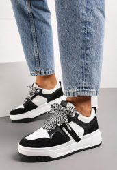 Czarno-Białe Sneakersy na Niskiej Platformie z Zawieszką i Ozdobnymi Sznurówkami Salam. Czarne obuwie sportowe damskie Renee, na lato, z jeansu, bez zapięcia, trekkingowe. Za 99.99 zł.