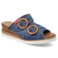 Niebiesko-Brązowe Klapki Artiker Modne Obuwie Damskie Na Lato. Brązowe klapki damskie Artiker, bez wzorów, z denimu, z okrągłym noskiem, bez obcasa, na koturnie, bez zapięcia. Za 239.00 zł.