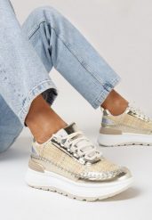 Złote Sneakersy na Grubej Podeszwie Rakitia. Żółte obuwie sportowe damskie Born2be, z jeansu, bez zapięcia. Za 109.99 zł.