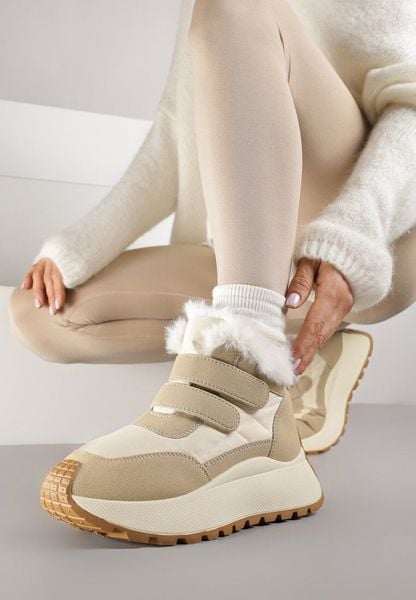 Beżowe Sneakersy Śniegowce Vices na Grubej Podeszwie z Zapięciem na Rzep i Futrem Nelisella. Brązowe obuwie sportowe damskie Born2be, z jeansu, bez zapięcia. Za 109.99 zł.