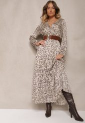 Brązowa Kopertowa Sukienka w Panterkę o Rozkloszowanym Kroju Ozdobiona Paskiem z Klamrą Rinalia. Brązowe sukienki damskie Renee, bez wzorów, klasyczne, bez ramiączek. Za 119.99 zł.