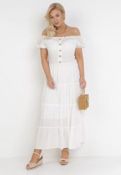 Biała Sukienka z Wiskozy o Kroju Hiszpanki Ciririla. Białe sukienki damskie Born2be, bez wzorów, z tkaniny, eleganckie, bez ramiączek. Za 129.99 zł.