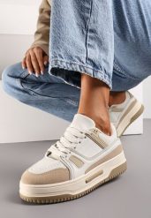 Ciemnobeżowe Sneakersy ze Wstawkami z Ekozamszu na Grubej Podeszwie Anecta. Brązowe obuwie sportowe damskie Renee, z jeansu, bez zapięcia. Za 79.99 zł.